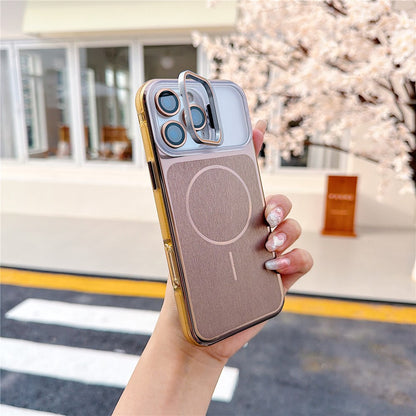 For iPhone 16 Pro Max Magnetic Case Kickstand PC+TPU Brushed Phone Cover with Lens Film