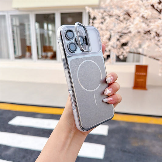 For iPhone 16 Pro Max Magnetic Case Kickstand PC+TPU Brushed Phone Cover with Lens Film