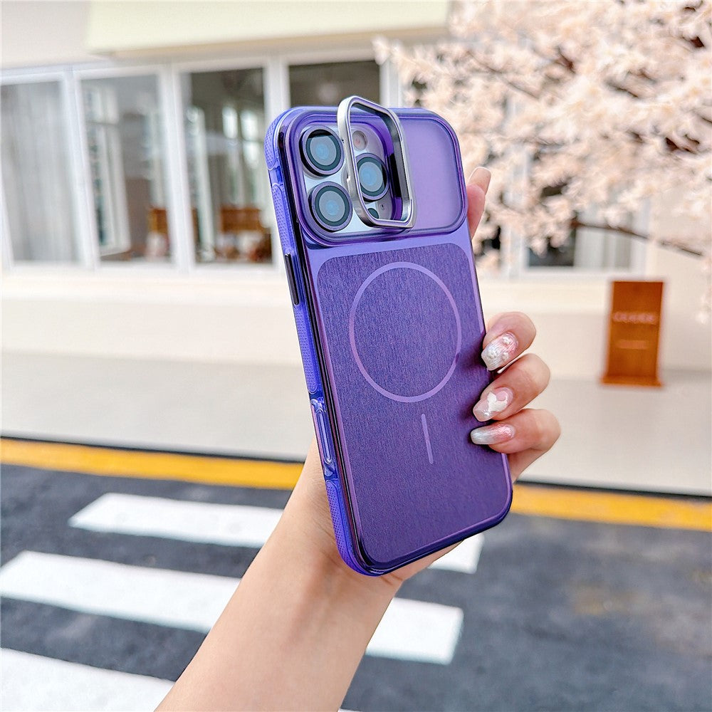 For iPhone 16 Pro Max Magnetic Case Kickstand PC+TPU Brushed Phone Cover with Lens Film