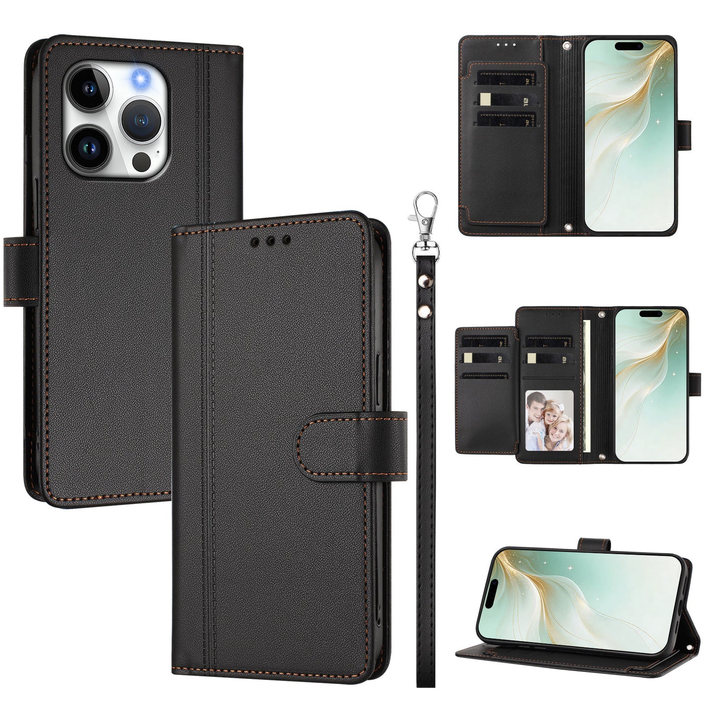 For iPhone 16 Pro Max Case 9 Card Slots PU Leather Flip Wallet Phone Cover with Hand Strap