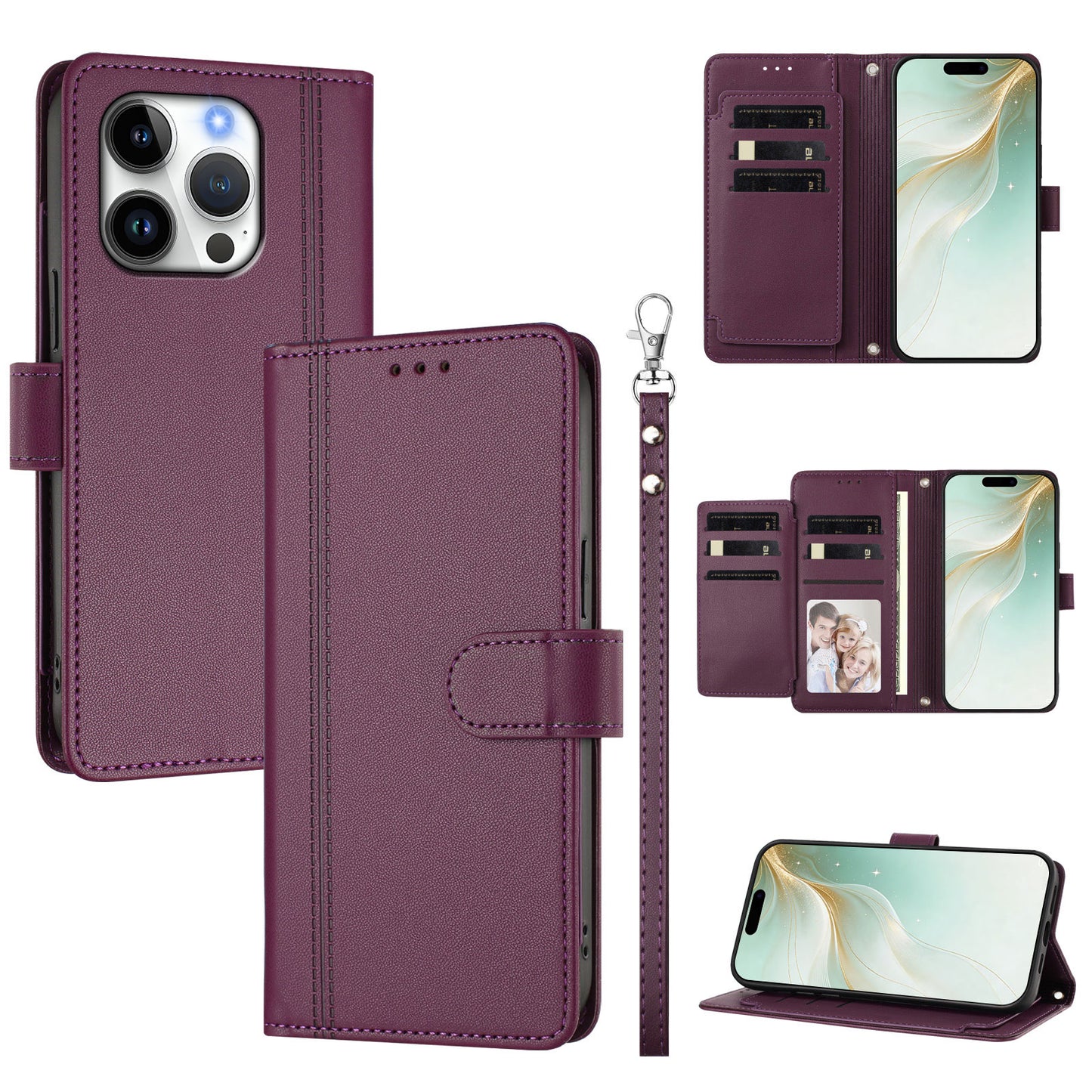 For iPhone 16 Pro Max Case 9 Card Slots PU Leather Flip Wallet Phone Cover with Hand Strap