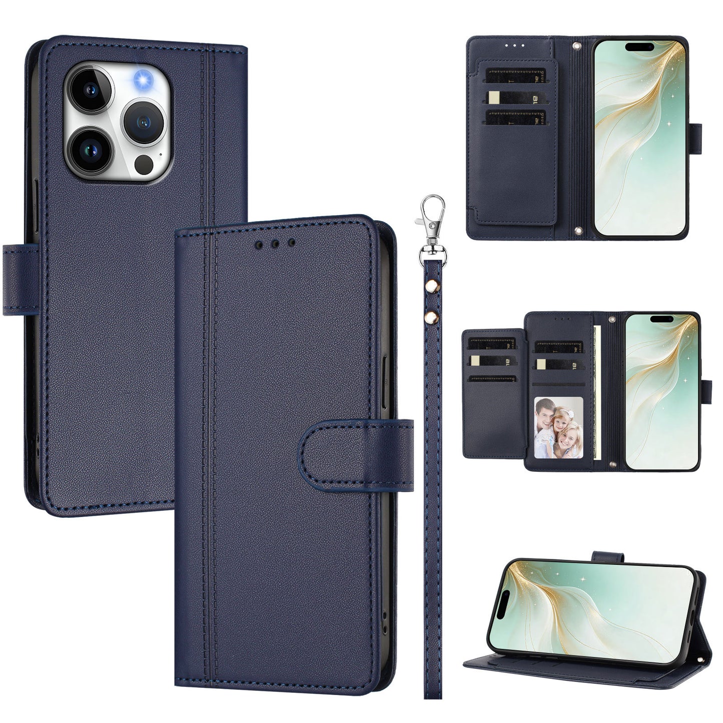 For iPhone 16 Pro Max Case 9 Card Slots PU Leather Flip Wallet Phone Cover with Hand Strap