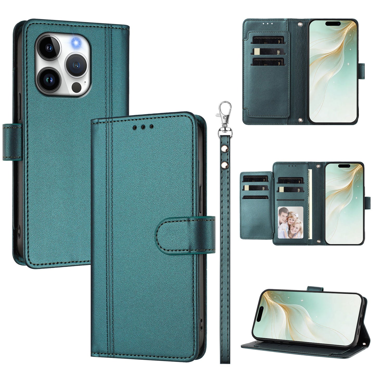 For iPhone 16 Pro Max Case 9 Card Slots PU Leather Flip Wallet Phone Cover with Hand Strap