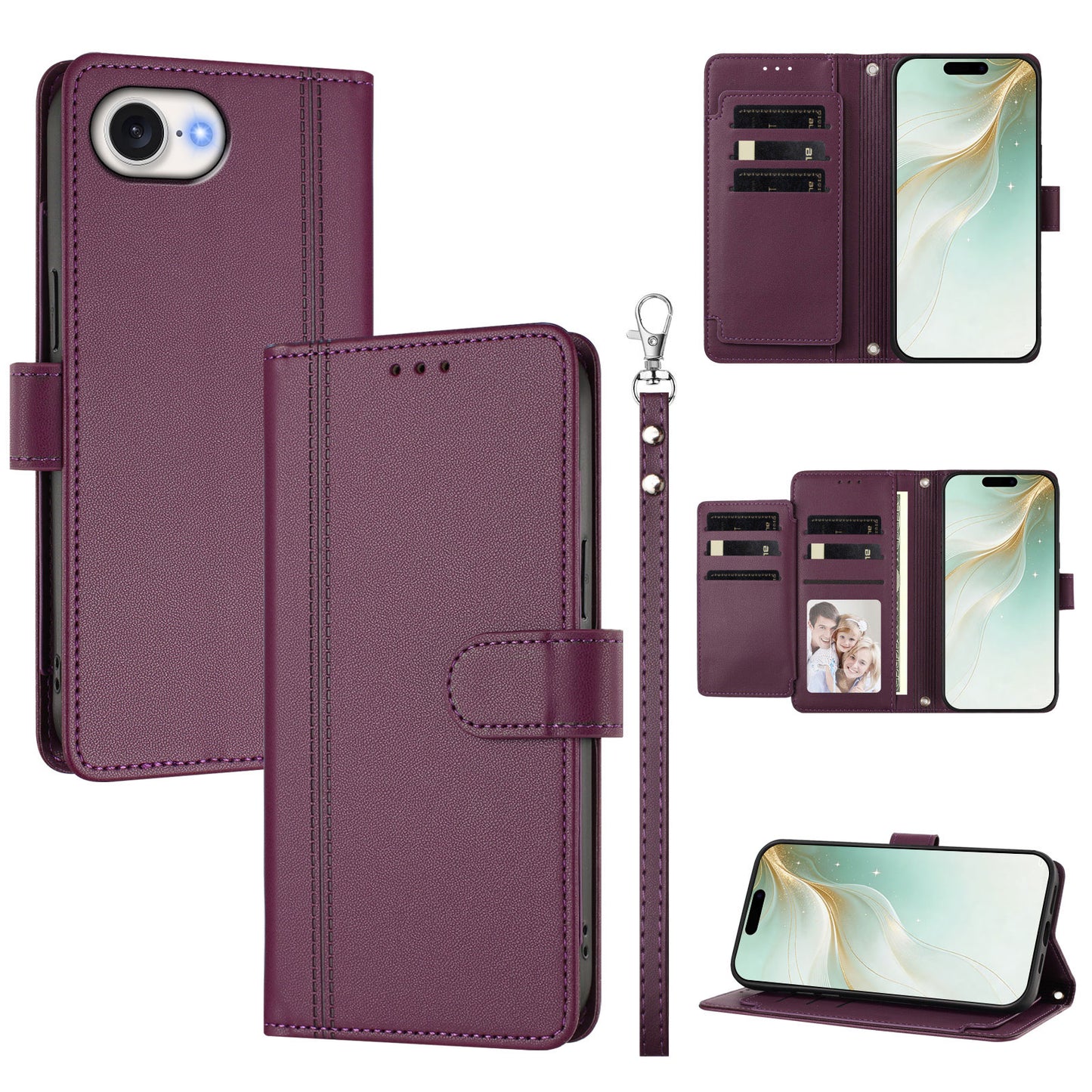 For iPhone 16e / iPhone 17e Case 9 Card Slots PU Leather Flip Wallet Phone Cover with Hand Strap