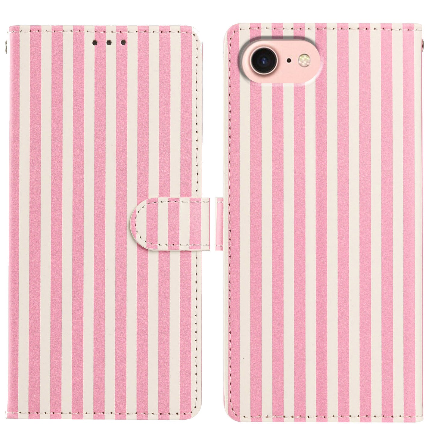 For iPhone 16e / iPhone 17e Wallet Case Vintage Stripes Leather Stand Flip Phone Cover with Wrist Strap