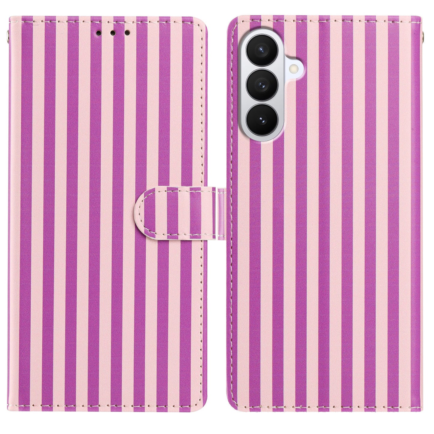 For Samsung Galaxy S26+ Wallet Case Vintage Stripes Leather Stand Flip Phone Cover with Wrist Strap