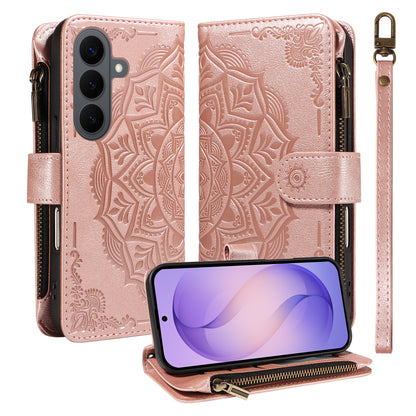 For Samsung Galaxy S26+ Wallet Case 9 Card Slots RFID Blocking Mandala Embossed Leather Flip Cover with Wrist Strap