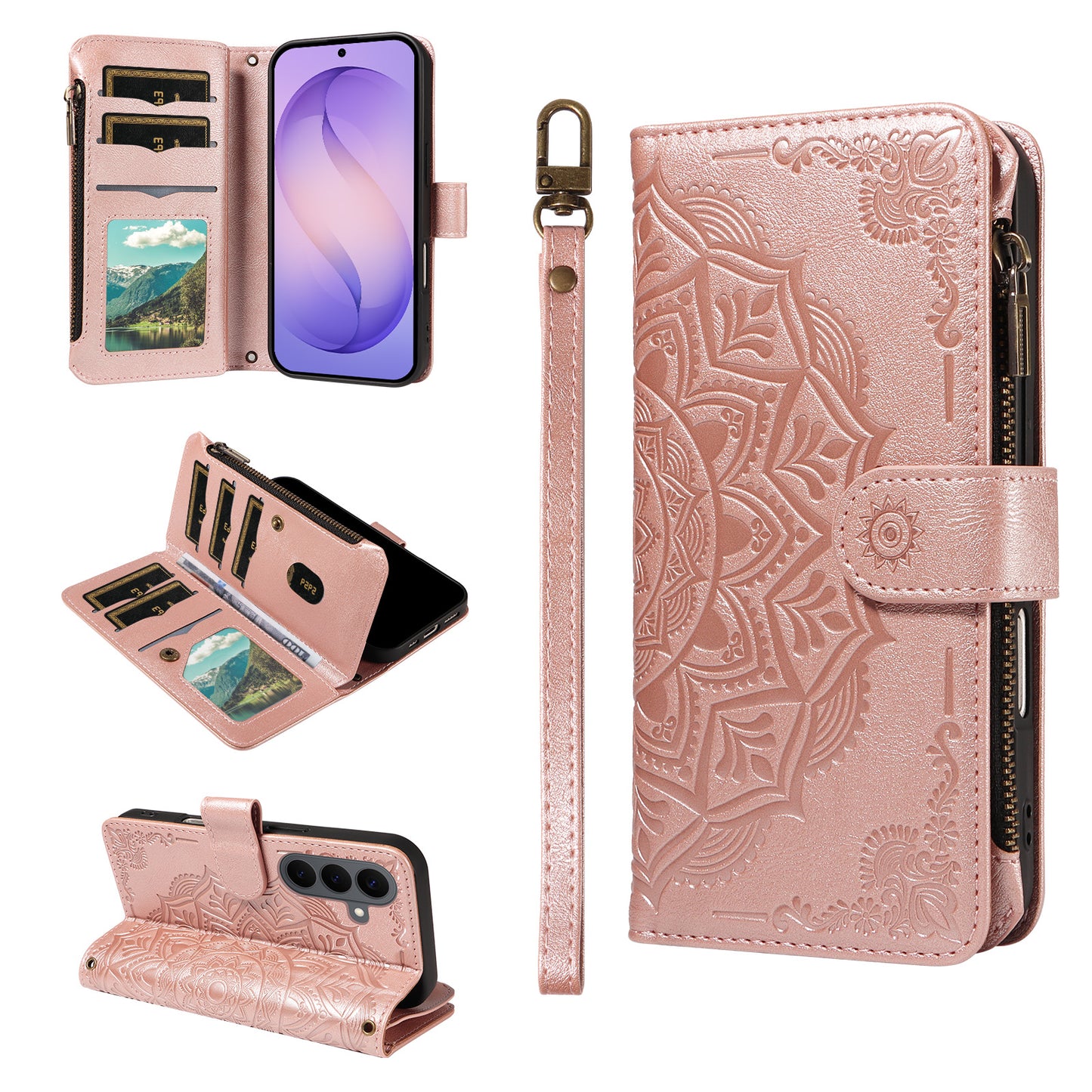 For Samsung Galaxy S26+ Wallet Case 9 Card Slots RFID Blocking Mandala Embossed Leather Flip Cover with Wrist Strap