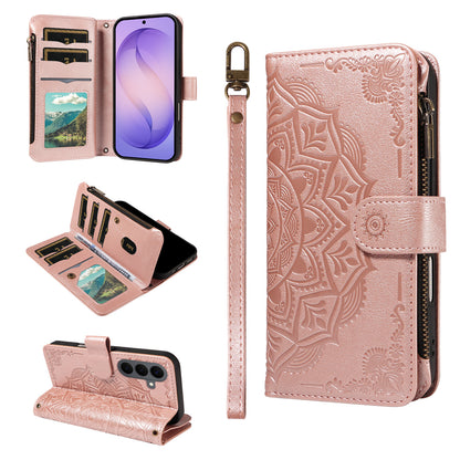 For Samsung Galaxy S26+ Wallet Case 9 Card Slots RFID Blocking Mandala Embossed Leather Flip Cover with Wrist Strap