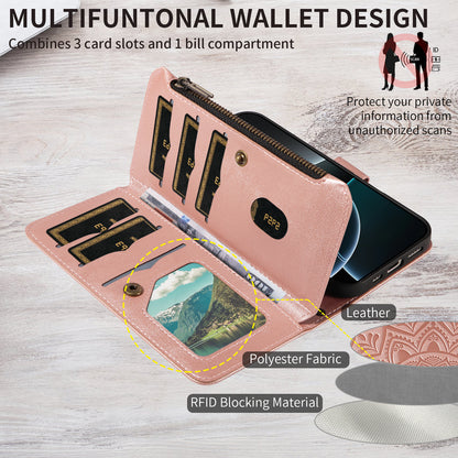 For Samsung Galaxy S26+ Wallet Case 9 Card Slots RFID Blocking Mandala Embossed Leather Flip Cover with Wrist Strap