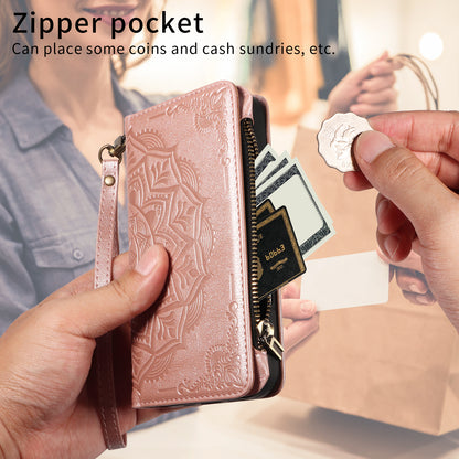 For Samsung Galaxy S26+ Wallet Case 9 Card Slots RFID Blocking Mandala Embossed Leather Flip Cover with Wrist Strap