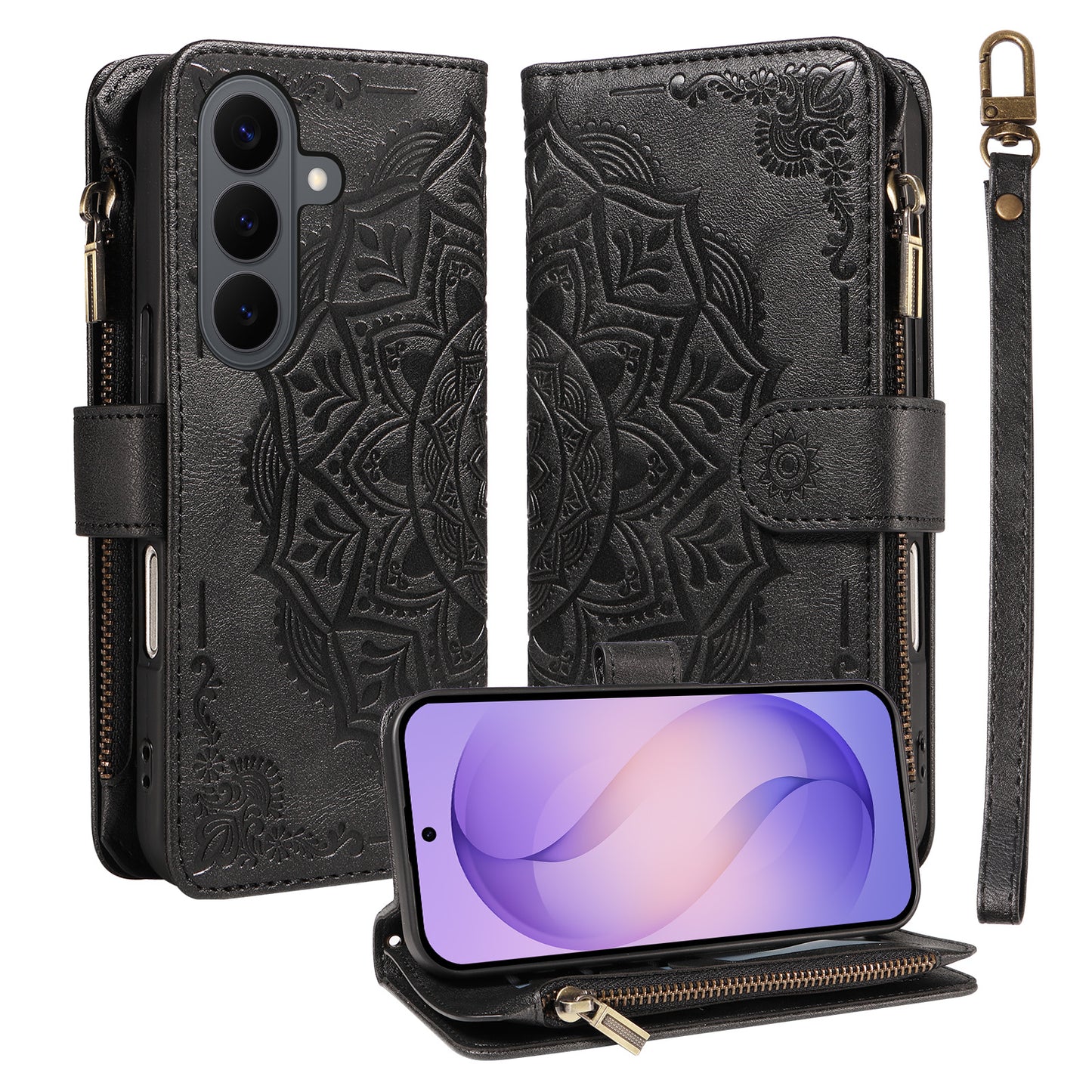 For Samsung Galaxy S26+ Wallet Case 9 Card Slots RFID Blocking Mandala Embossed Leather Flip Cover with Wrist Strap
