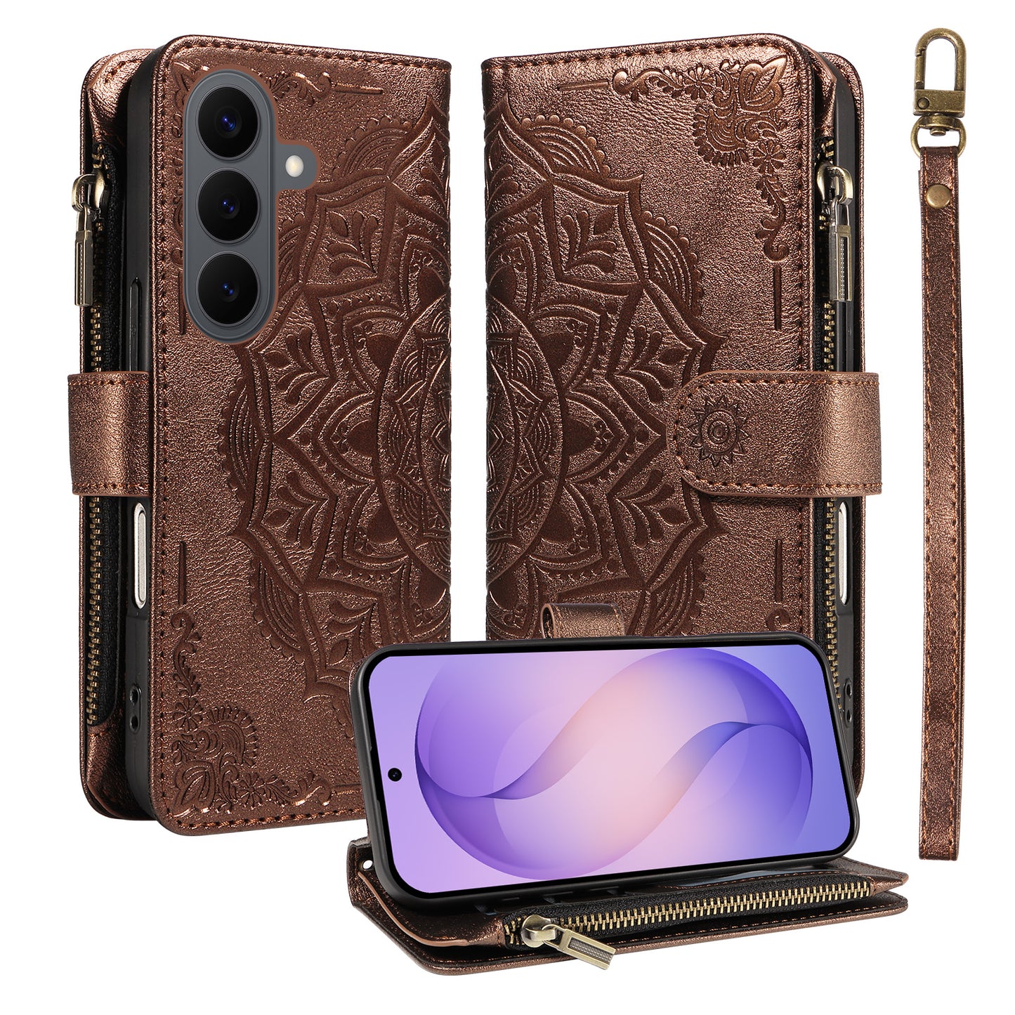 For Samsung Galaxy S26+ Wallet Case 9 Card Slots RFID Blocking Mandala Embossed Leather Flip Cover with Wrist Strap