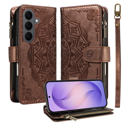 For Samsung Galaxy S26+ Wallet Case 9 Card Slots RFID Blocking Mandala Embossed Leather Flip Cover with Wrist Strap