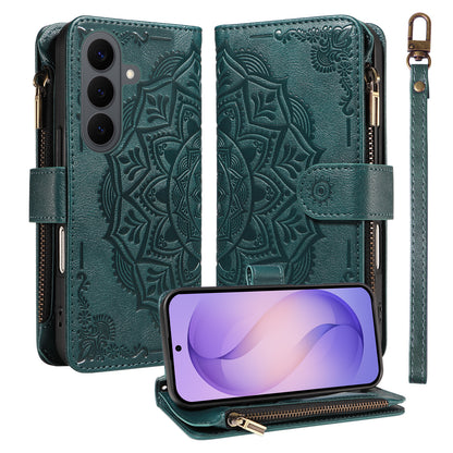 For Samsung Galaxy S26+ Wallet Case 9 Card Slots RFID Blocking Mandala Embossed Leather Flip Cover with Wrist Strap