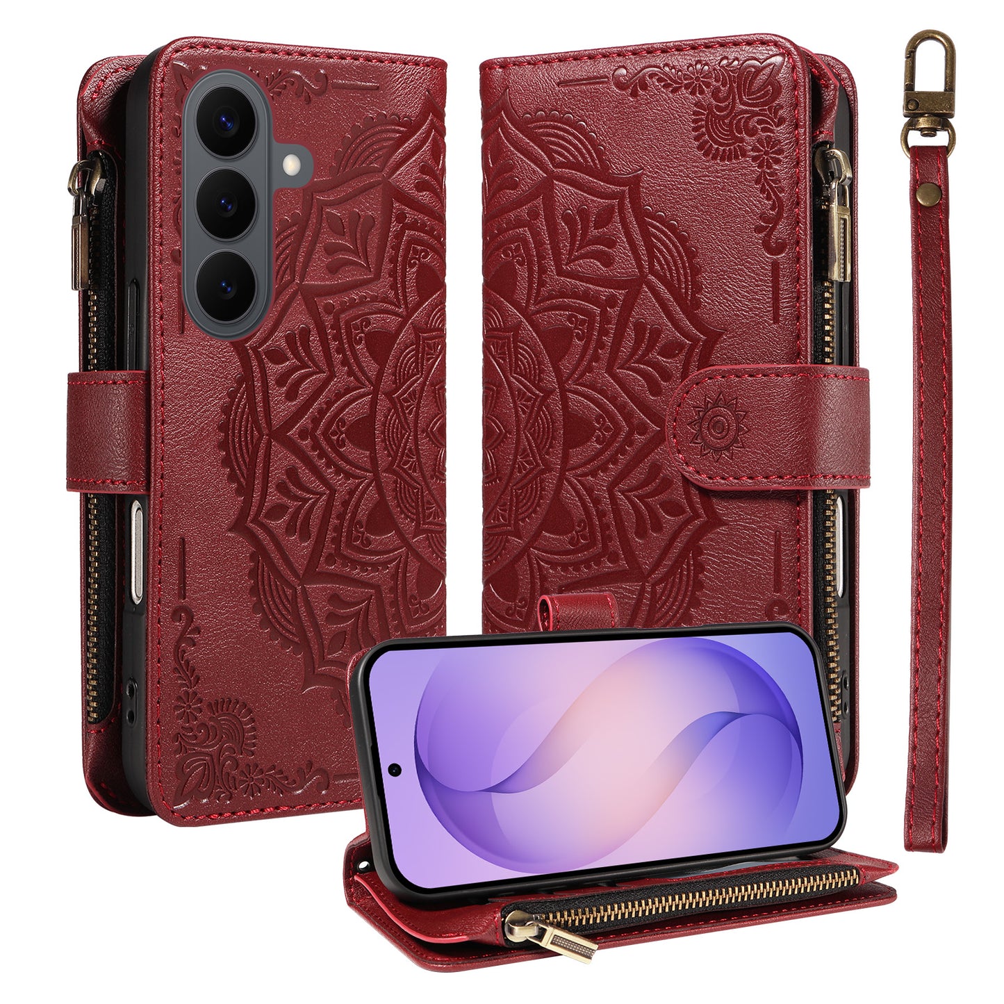 For Samsung Galaxy S26+ Wallet Case 9 Card Slots RFID Blocking Mandala Embossed Leather Flip Cover with Wrist Strap
