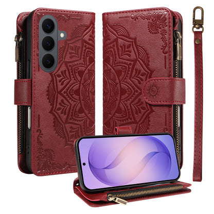 For Samsung Galaxy S26+ Wallet Case 9 Card Slots RFID Blocking Mandala Embossed Leather Flip Cover with Wrist Strap