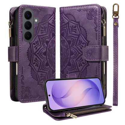 For Samsung Galaxy S26+ Wallet Case 9 Card Slots RFID Blocking Mandala Embossed Leather Flip Cover with Wrist Strap