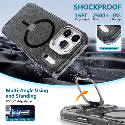 For iPhone 17 Pro Max Magnetic Case Shockproof TPU PC Glitter Phone Cover with Lens Frame Kickstand