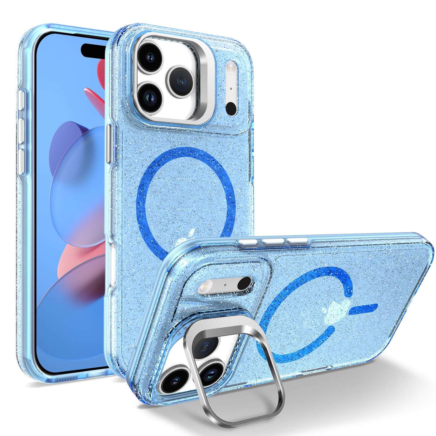 For iPhone 17 Pro Magnetic Case Shockproof TPU PC Glitter Phone Cover with Lens Frame Kickstand
