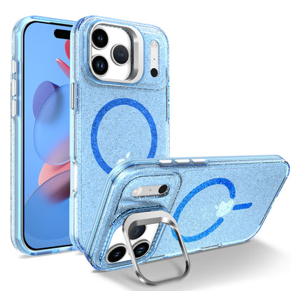 For iPhone 17 Pro Magnetic Case Shockproof TPU PC Glitter Phone Cover with Lens Frame Kickstand