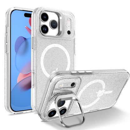 For iPhone 17 Pro Magnetic Case Shockproof TPU PC Glitter Phone Cover with Lens Frame Kickstand