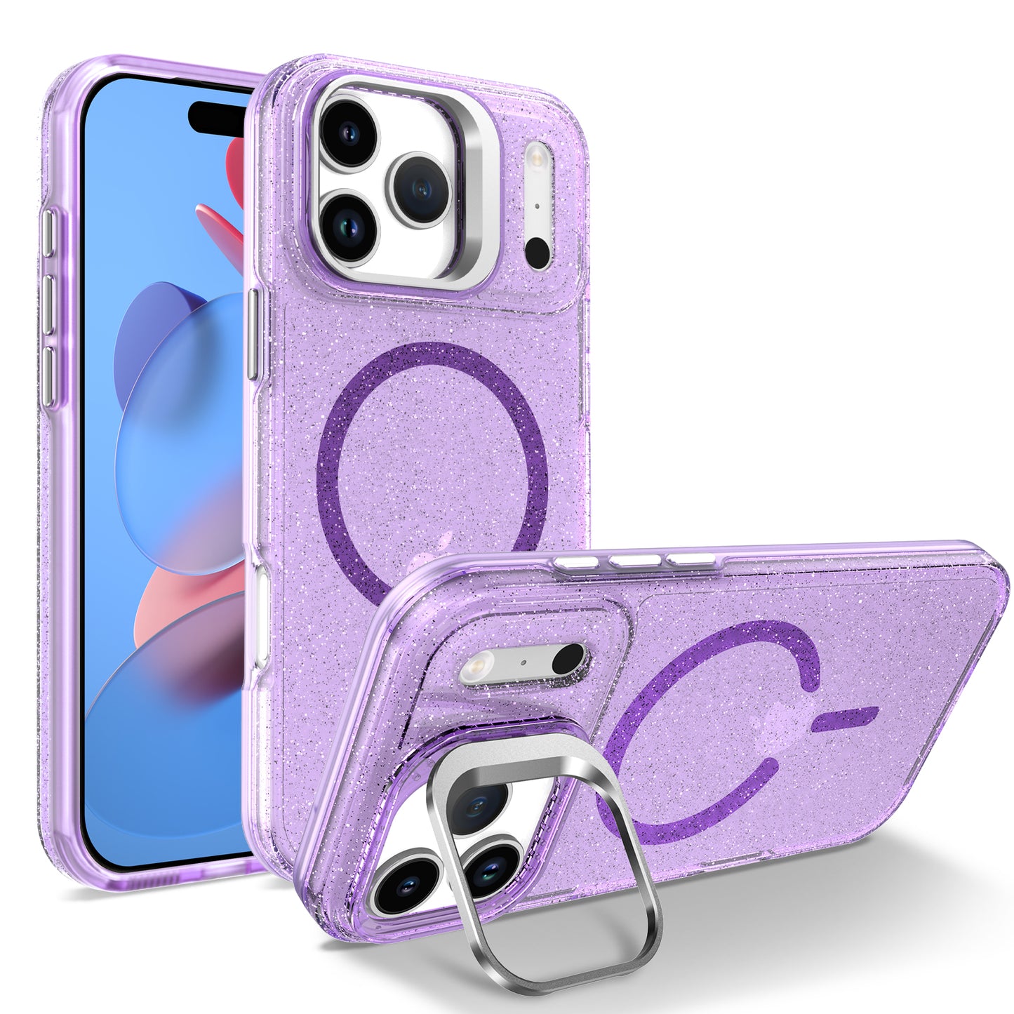 For iPhone 17 Pro Magnetic Case Shockproof TPU PC Glitter Phone Cover with Lens Frame Kickstand