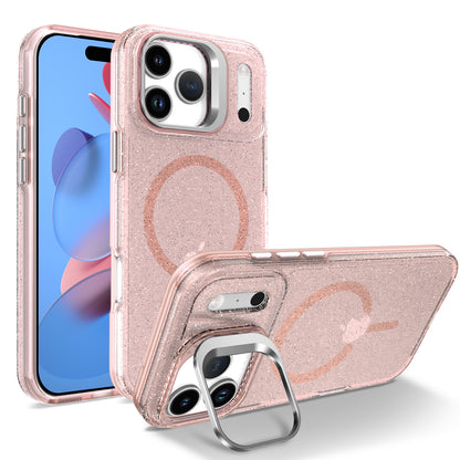 For iPhone 17 Pro Magnetic Case Shockproof TPU PC Glitter Phone Cover with Lens Frame Kickstand