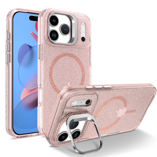 For iPhone 17 Pro Magnetic Case Shockproof TPU PC Glitter Phone Cover with Lens Frame Kickstand