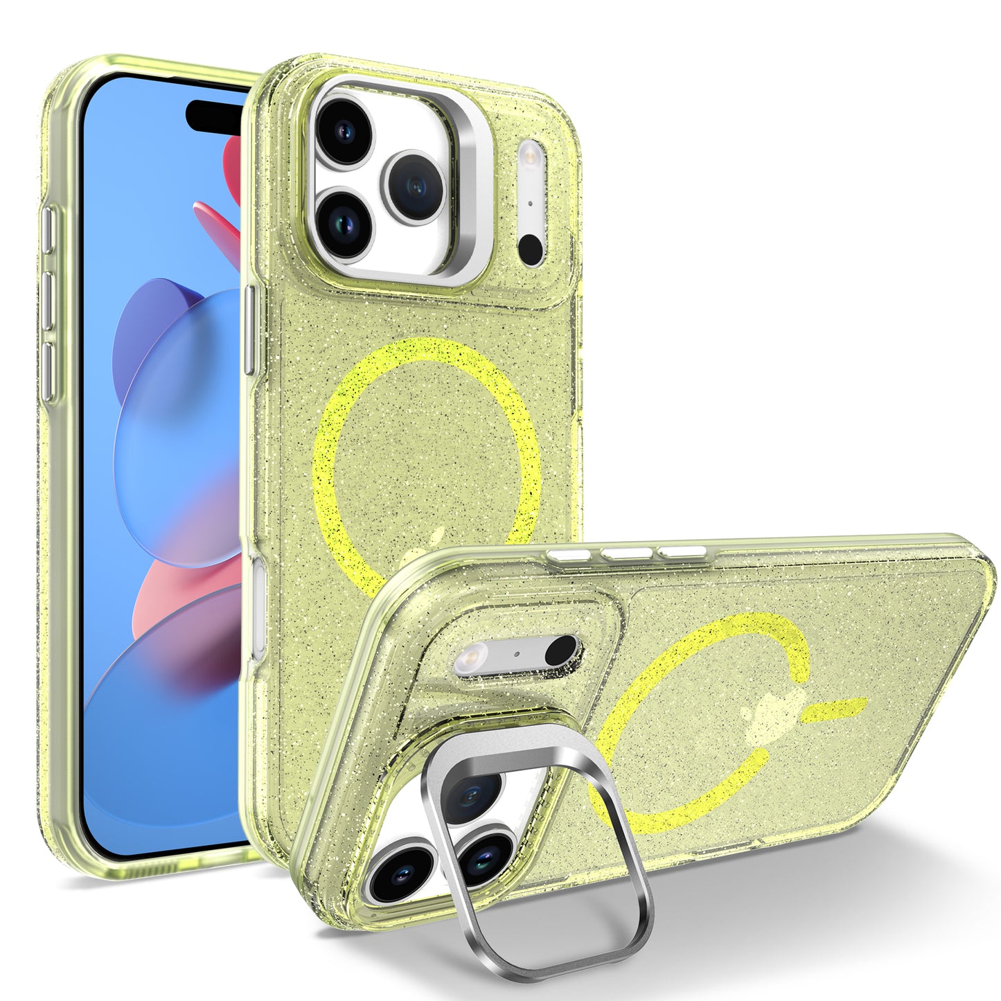 For iPhone 17 Pro Magnetic Case Shockproof TPU PC Glitter Phone Cover with Lens Frame Kickstand