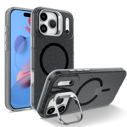 For iPhone 17 Pro Magnetic Case Shockproof TPU PC Glitter Phone Cover with Lens Frame Kickstand