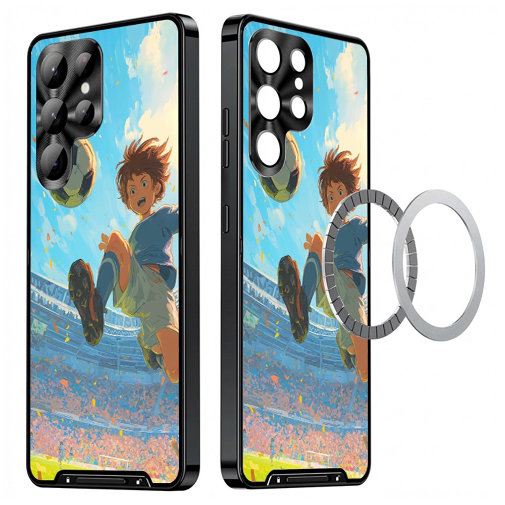 For Samsung Galaxy S25 Ultra Magnetic Case Football Pattern PC+TPU Protective Phone Cover with Lens Film