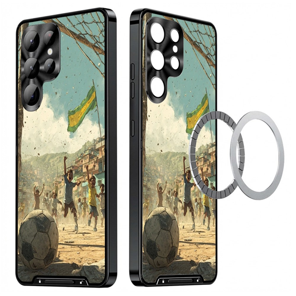 For Samsung Galaxy S25 Ultra Magnetic Case Football Pattern PC+TPU Protective Phone Cover with Lens Film