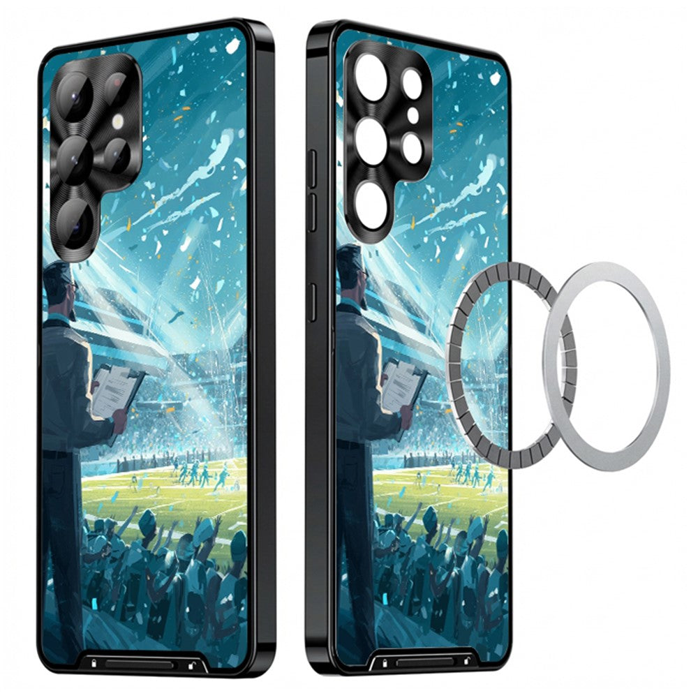 For Samsung Galaxy S25 Ultra Magnetic Case Football Pattern PC+TPU Protective Phone Cover with Lens Film