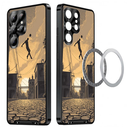 For Samsung Galaxy S25 Ultra Magnetic Case Football Pattern PC+TPU Protective Phone Cover with Lens Film