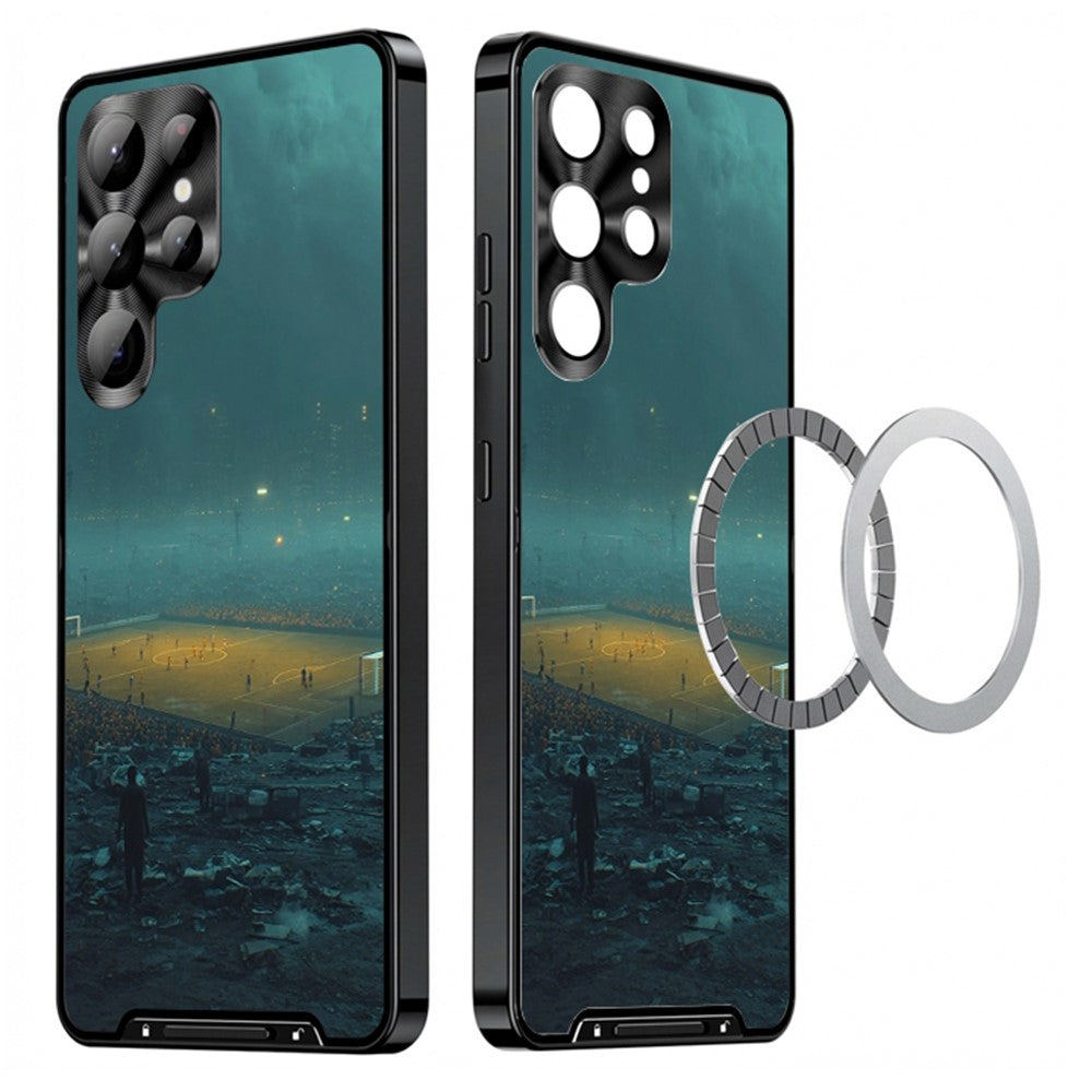 For Samsung Galaxy S25 Ultra Magnetic Case Football Pattern Print PC+TPU Phone Cover with Lens Film