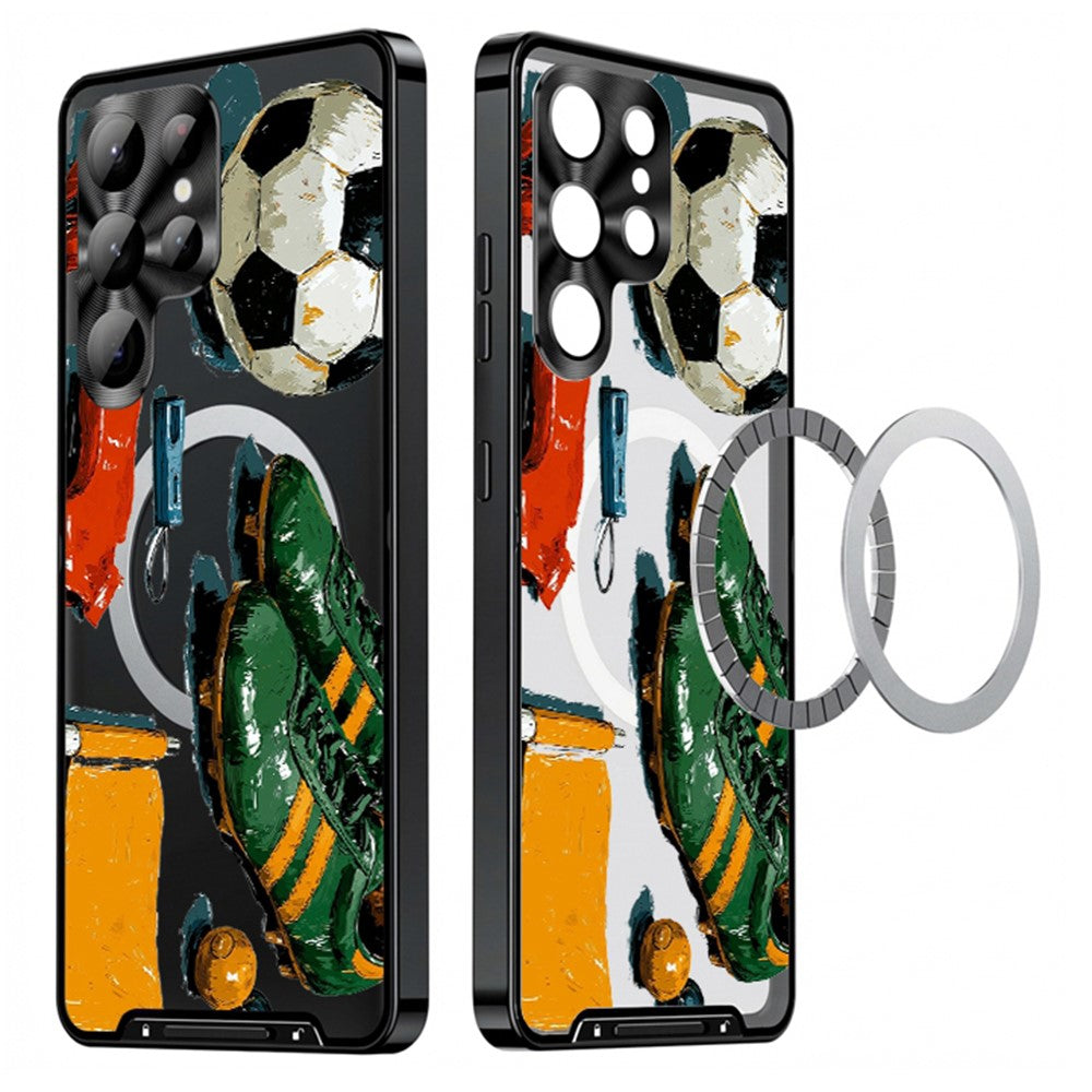 For Samsung Galaxy S25 Ultra Magnetic Case Football Pattern Print PC+TPU Phone Cover with Lens Film
