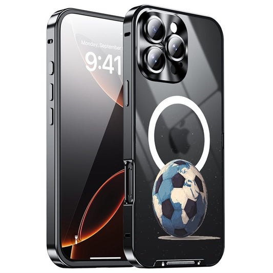 For iPhone 16 Pro Max Magnetic Case Football Pattern Print PC+TPU Phone Cover with Lens Film