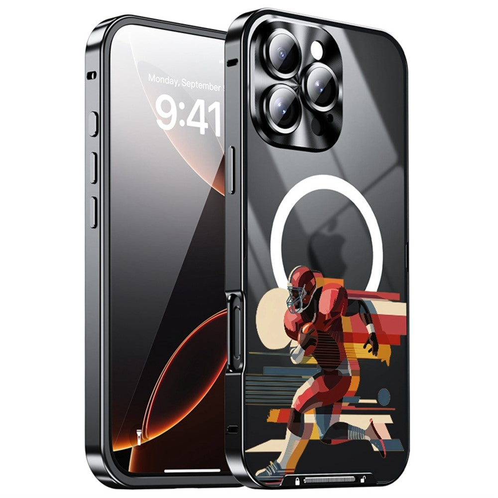 For iPhone 16 Pro Max Magnetic Case Football Pattern Print PC+TPU Phone Cover with Lens Film