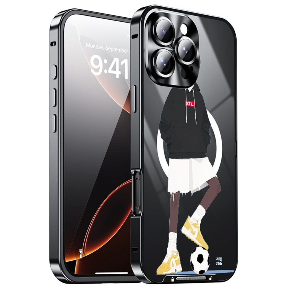 For iPhone 16 Pro Magnetic Case Football Pattern Print PC+TPU Phone Cover with Lens Film