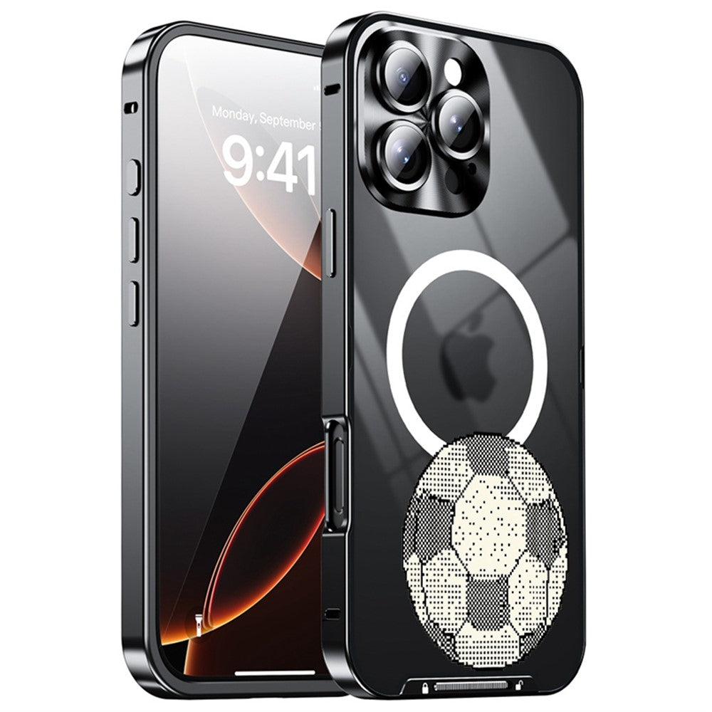 For iPhone 16 Pro Magnetic Case Football Pattern Print PC+TPU Phone Cover with Lens Film
