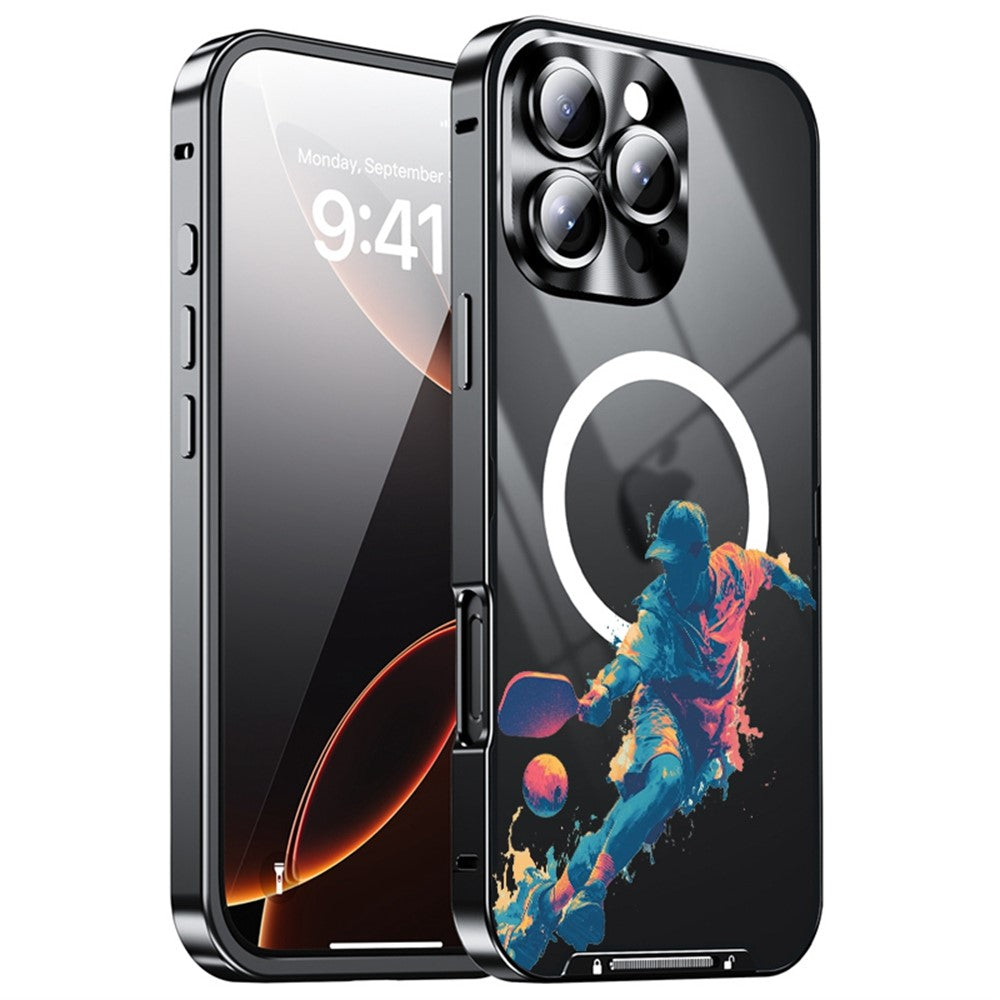 For iPhone 16 Pro Magnetic Case Football Pattern Print PC+TPU Phone Cover with Lens Film