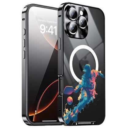 For iPhone 16 Pro Magnetic Case Football Pattern Print PC+TPU Phone Cover with Lens Film