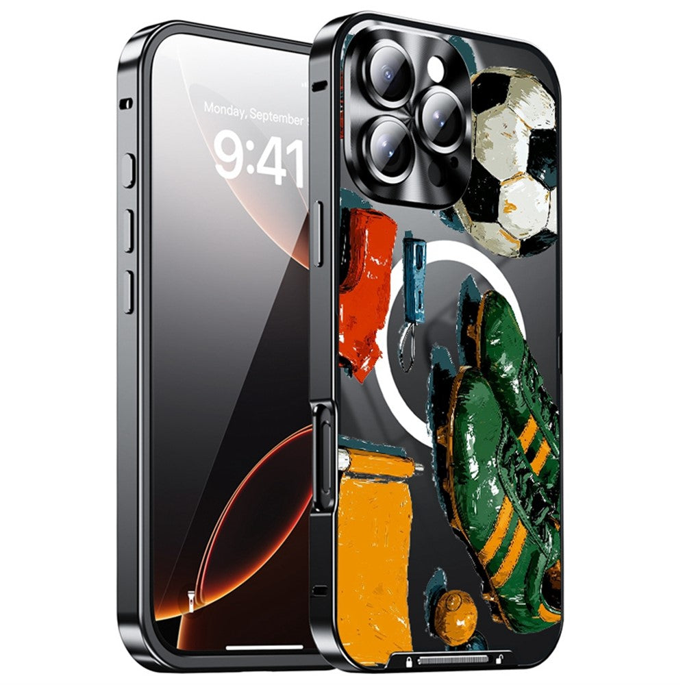 For iPhone 16 Pro Magnetic Case Football Pattern Print PC+TPU Phone Cover with Lens Film