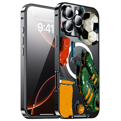 For iPhone 16 Pro Magnetic Case Football Pattern Print PC+TPU Phone Cover with Lens Film