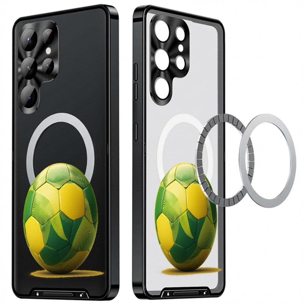 For Samsung Galaxy S25 Ultra Magnetic Case Football Print Pattern PC+TPU Phone Cover with Lens Film