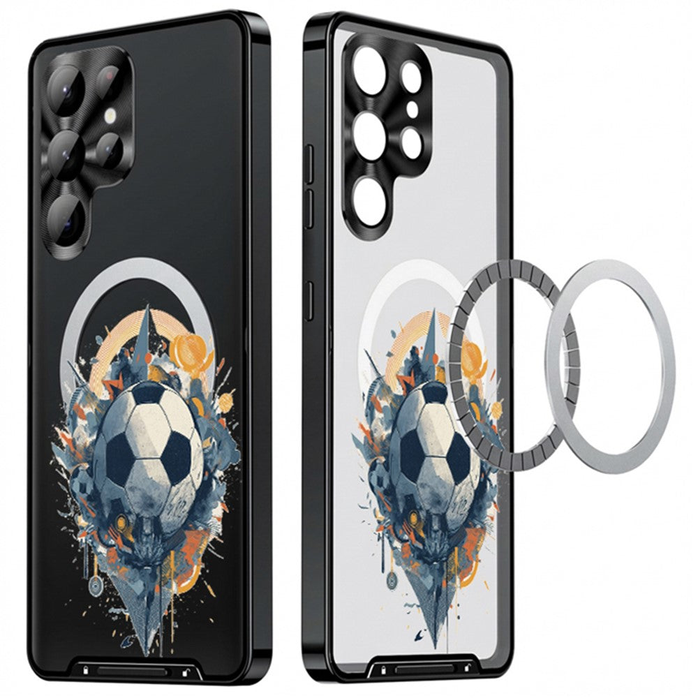 For Samsung Galaxy S25 Ultra Magnetic Case Football Print Pattern PC+TPU Phone Cover with Lens Film