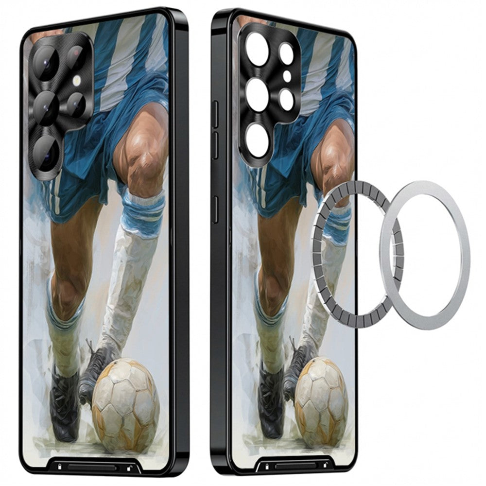 For Samsung Galaxy S25 Ultra Magnetic Case Football Print Pattern PC+TPU Phone Cover with Lens Film