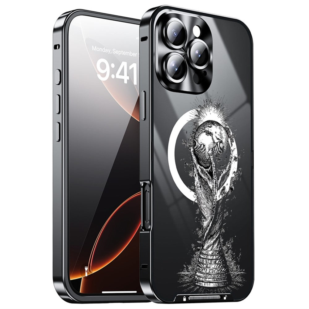 For iPhone 16 Pro Max Magnetic Case Football Print Pattern PC+TPU Phone Cover with Lens Film