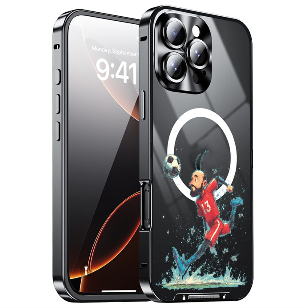 For iPhone 16 Pro Max Magnetic Case Football Print Pattern PC+TPU Phone Cover with Lens Film